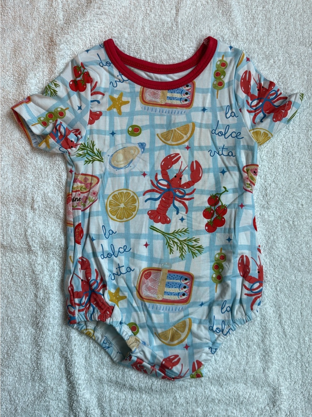 BAMBOO White One-Piece Bodysuit with Red Trim and Multicolor Seafood Print
